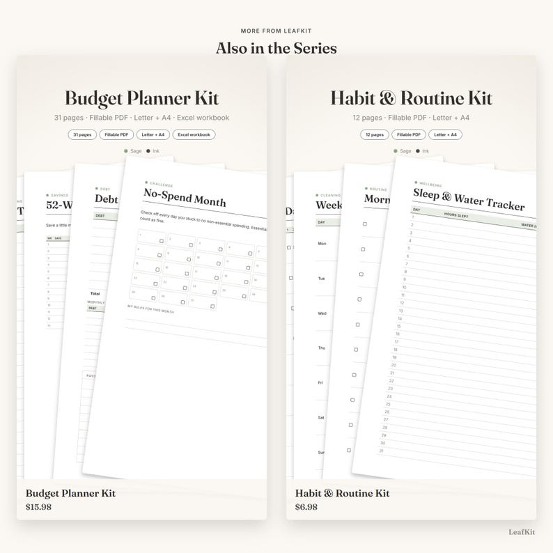 Pode incluir: Dois kits de planejadores digitais intitulados Budget Planner Kit e Habit & Routine Kit. O Budget Planner Kit inclui 31 p&aacute;ginas, PDF preench&iacute;vel, tamanhos Letter e A4, e uma pasta de trabalho do Excel. O Habit & Routine Kit inclui 12 p&aacute;ginas, PDF preench&iacute;vel, e tamanhos Letter e A4. Ambos os kits apresentam p&aacute;ginas brancas com texto preto.