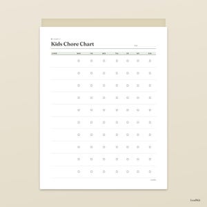 May include: A white paper kids chore chart with black text and lines. The header reads Family Kids Chore Chart and Kid. It features a grid with columns for Monday through Sunday and ten rows for chores, each containing small empty checkboxes.