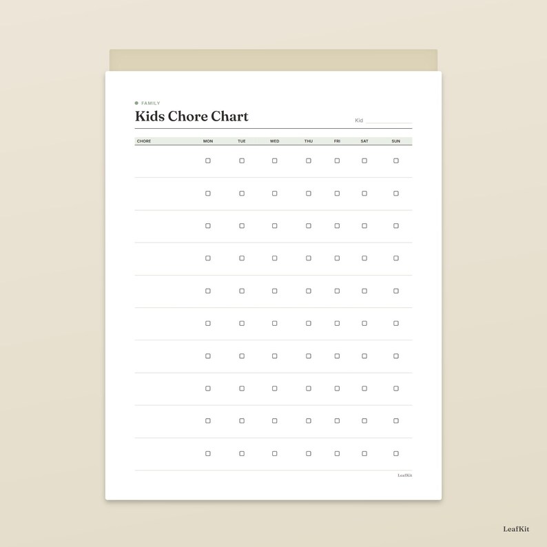 May include: A white paper kids chore chart with black text and lines. The header reads Family Kids Chore Chart and Kid. It features a grid with columns for Monday through Sunday and ten rows for chores, each containing small empty checkboxes.
