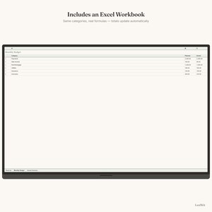 Op de afbeelding: Een digitale spreadsheetinterface met de titel Monthly Budget met kolommen voor Category, Planned en Actual. De tekst Includes an Excel Workbook staat boven de spreadsheet en het woord LeafKit is rechtsonder in beeld zichtbaar.