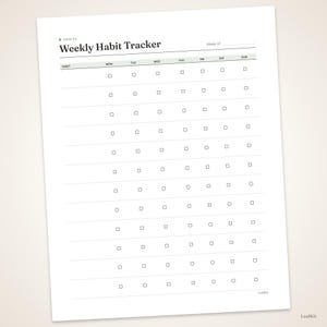 May include: A white paper weekly habit tracker with black text. The header reads Weekly Habit Tracker and Week of. It features a grid with a column for habits and seven columns for days of the week from Monday to Sunday, each with small checkboxes.