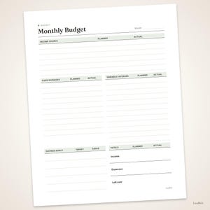 Op de afbeelding: Een wit maandbudget-plannerblad met zwarte tekst en lichtgroene koppen. Secties bevatten inkomstenbron, vaste lasten, variabele uitgaven, spaardoelen en totalen voor inkomen, uitgaven en overgebleven bedrag. Het woord LeafKit staat onderaan.
