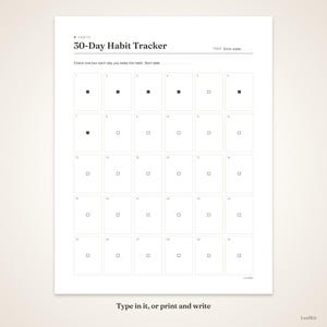 Pode incluir: Uma folha de rastreamento de h&aacute;bitos 30-Day Habit Tracker branca com texto preto e uma grade de trinta caixas numeradas. O cabe&ccedil;alho diz 30-Day Habit Tracker, Habit: Drink water, e Check one box each day you keep the habit. Start date. O texto inferior diz Type in it, or print and write.