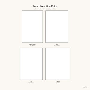 Pode incluir: Um modelo de documento digital exibindo quatro contornos retangulares em branco rotulados como Four Sizes, One Price. Os tamanhos inclu&iacute;dos s&atilde;o Half Letter 5.5 x 8.5 in, A5 148 x 210 mm, A4 210 x 297 mm e Letter 8.5 x 11 in. A marca LeafKit est&aacute; na parte inferior.