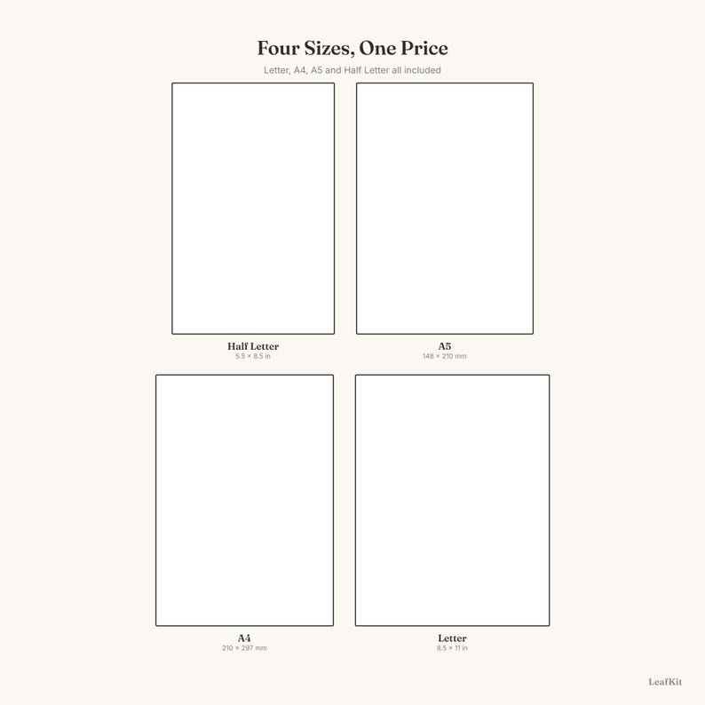 Pode incluir: Um modelo de documento digital exibindo quatro contornos retangulares em branco rotulados como Four Sizes, One Price. Os tamanhos inclu&iacute;dos s&atilde;o Half Letter 5.5 x 8.5 in, A5 148 x 210 mm, A4 210 x 297 mm e Letter 8.5 x 11 in. A marca LeafKit est&aacute; na parte inferior.
