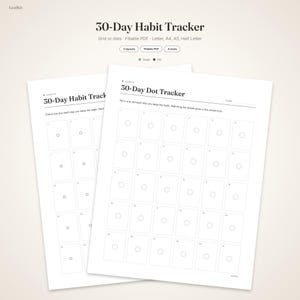 Pode incluir: Duas folhas brancas de rastreador de h&aacute;bitos de 30 dias com texto preto. Uma folha apresenta uma grade de 30 caixas numeradas com pequenos quadrados, enquanto a outra mostra 30 caixas numeradas com c&iacute;rculos. O cabe&ccedil;alho diz 30-Day Habit Tracker.