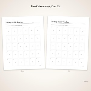 Pode incluir: Duas folhas brancas de rastreador de h&aacute;bitos 30-Day Habit Tracker com texto e linhas de grade pretas. Cada folha apresenta o cabe&ccedil;alho 30-Day Habit Tracker, um espa&ccedil;o para a data e uma grade de trinta caixas numeradas. Sage e Ink abaixo.