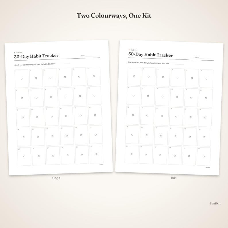 Pode incluir: Duas folhas brancas de rastreador de h&aacute;bitos 30-Day Habit Tracker com texto e linhas de grade pretas. Cada folha apresenta o cabe&ccedil;alho 30-Day Habit Tracker, um espa&ccedil;o para a data e uma grade de trinta caixas numeradas. Sage e Ink abaixo.