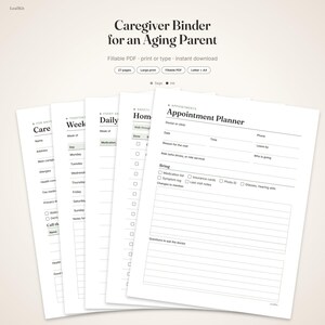 May include: A digital caregiver binder for an aging parent, featuring 27 pages of fillable PDF forms. The set includes an appointment planner, daily and weekly logs, and safety checklists. The documents are printed in black text on white paper.