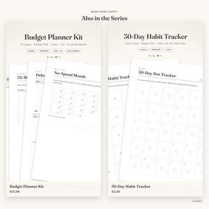 May include: A digital stationery collection featuring a Budget Planner Kit with 31 pages and a 30-Day Habit Tracker. The display shows printable document layouts including a No-Spend Month challenge sheet and a 30-Day Dot Tracker with numbered boxes.