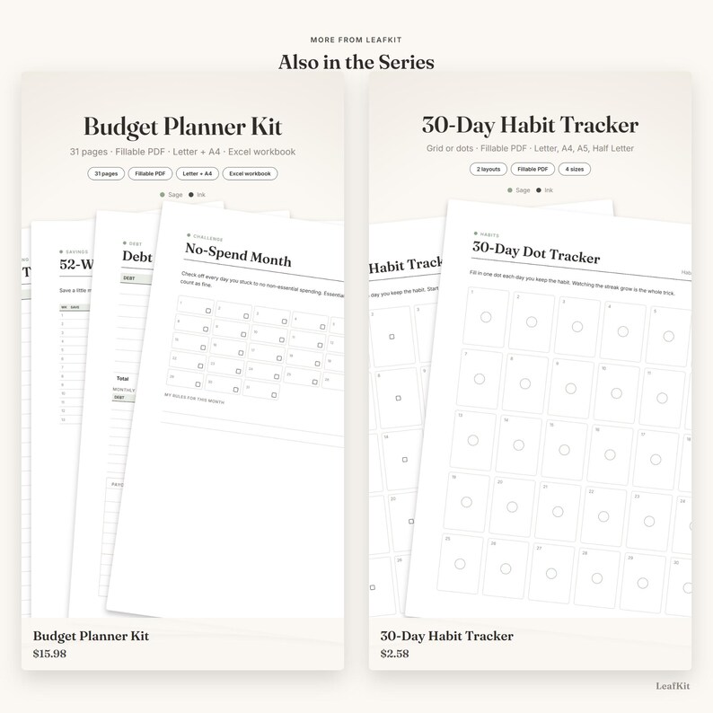 May include: A digital stationery collection featuring a Budget Planner Kit with 31 pages and a 30-Day Habit Tracker. The display shows printable document layouts including a No-Spend Month challenge sheet and a 30-Day Dot Tracker with numbered boxes.