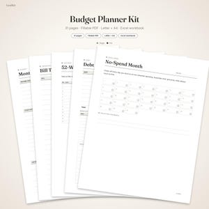 Op de afbeelding: Een digitale budgetplanner-set met meerdere witte pagina's met zwarte tekst. De bovenste pagina is getiteld No-Spend Month en bevat een afvinkrooster voor dertig dagen. Andere zichtbare pagina's zijn Monthly Budget, Bill Tracker en Debt Tracker.