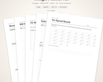 Budget Planner Kit Printable | Fillable PDF Monthly Budget, Paycheck, Debt and Savings Trackers | Letter A4 + Excel Spreadsheet