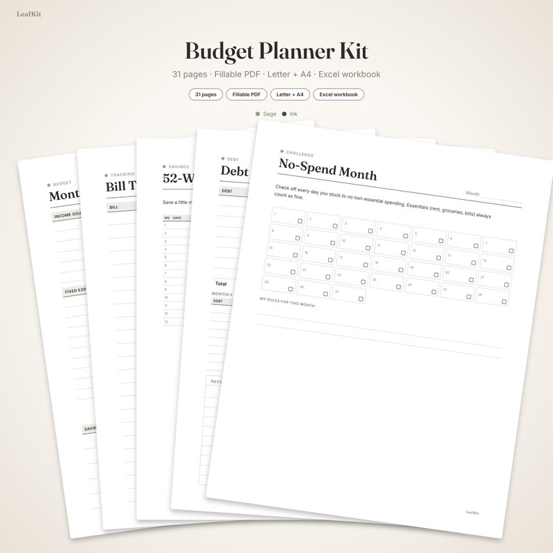 Op de afbeelding: Een digitale budgetplanner-set met meerdere witte pagina's met zwarte tekst. De bovenste pagina is getiteld No-Spend Month en bevat een afvinkrooster voor dertig dagen. Andere zichtbare pagina's zijn Monthly Budget, Bill Tracker en Debt Tracker.
