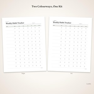 May include: Two white paper sheets titled Weekly Habit Tracker with a grid layout for seven days of the week. The text Two Colourways, One Kit appears at the top, with Sage and Ink labels below each sheet and LeafKit in the bottom corner.