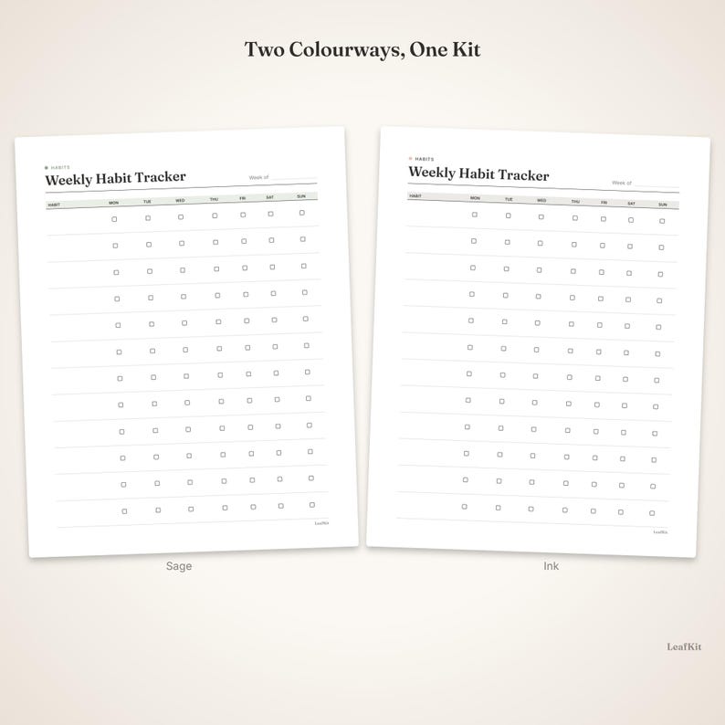 May include: Two white paper sheets titled Weekly Habit Tracker with a grid layout for seven days of the week. The text Two Colourways, One Kit appears at the top, with Sage and Ink labels below each sheet and LeafKit in the bottom corner.