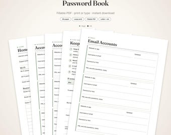 Large Print Password Book Printable | Fillable PDF Password Log for Seniors, A to Z Login Organizer, Wi-Fi and Devices | Letter A4