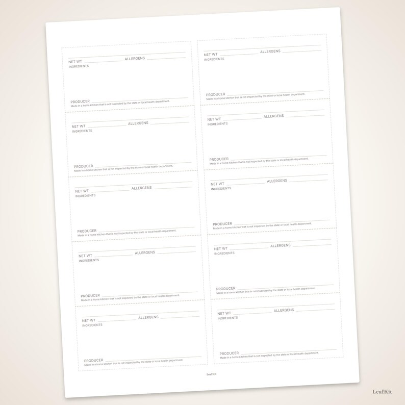 May include: A white sheet of paper featuring ten rectangular food label templates arranged in two columns. Each label includes printed lines and text fields for Net Wt, Allergens, Ingredients, and Producer, with a disclaimer about home kitchens.