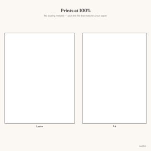 Pode incluir: Um guia de documento digital com dois contornos retangulares rotulados como Letter e A4. O texto no topo diz Prints at 100% e No scaling needed&mdash;pick the file that matches your paper. O canto inferior direito exibe o texto LeafKit.