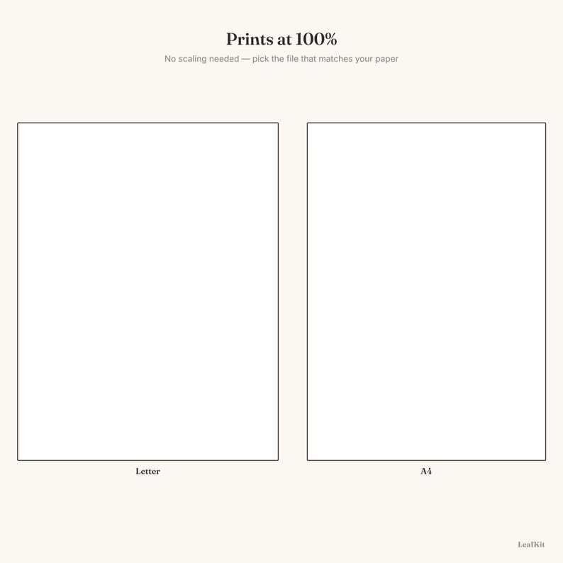 Pode incluir: Um guia de documento digital com dois contornos retangulares rotulados como Letter e A4. O texto no topo diz Prints at 100% e No scaling needed&mdash;pick the file that matches your paper. O canto inferior direito exibe o texto LeafKit.