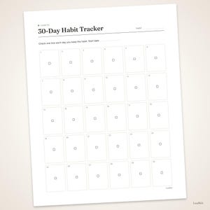 Pode incluir: Uma folha de rastreador de h&aacute;bitos 30-Day Habit Tracker branca com texto e linhas pretas. O cabe&ccedil;alho diz 30-Day Habit Tracker com uma linha para Habit. Abaixo, diz Check one box each day you keep the habit. Start date. Possui 30 caixas.