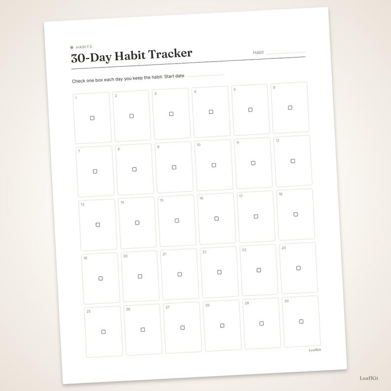 Pode incluir: Uma folha de rastreador de h&aacute;bitos 30-Day Habit Tracker branca com texto e linhas pretas. O cabe&ccedil;alho diz 30-Day Habit Tracker com uma linha para Habit. Abaixo, diz Check one box each day you keep the habit. Start date. Possui 30 caixas.
