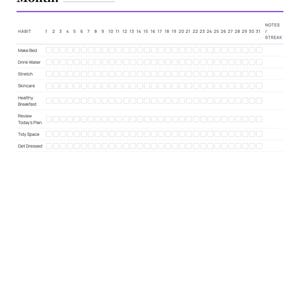 May include: A white habit tracker sheet with purple text headers. It features a section for the month, followed by a grid with rows for habits like Make Bed, Drink Water, Stretch, Skincare, Healthy Breakfast, Review Today's Plan, Tidy Space, and Get Dressed, each with 31 checkboxes.