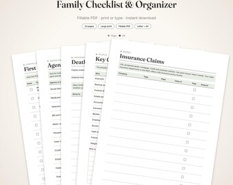 May include: A digital document titled When Someone Dies Family Checklist & Organizer, featuring multiple pages with sections for First Steps, Agencies, Death Certificates, Key Contacts, and Insurance Claims with checkboxes and lines.