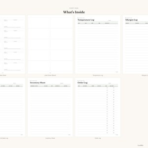May include: A collection of eight white printable planner pages titled What's Inside, featuring templates for a label sheet, temperature log, allergen log, inventory sheet, and order log with black text, horizontal lines, and checkboxes.