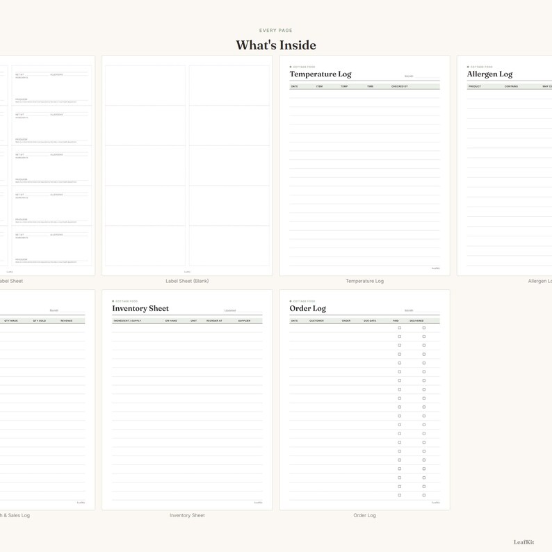 May include: A collection of eight white printable planner pages titled What's Inside, featuring templates for a label sheet, temperature log, allergen log, inventory sheet, and order log with black text, horizontal lines, and checkboxes.