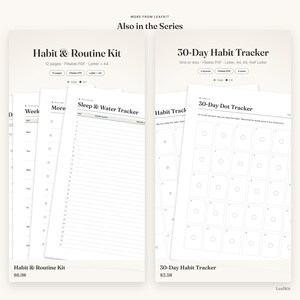 Op de afbeelding: Een digitale productweergave getiteld Also in the Series met een Habit & Routine Kit van 12 pagina's en een 30-Day Habit Tracker. De Habit & Routine Kit bevat een Sleep & Water Tracker, terwijl de 30-Day Habit Tracker een 30-Day Dot Tracker raster toont.