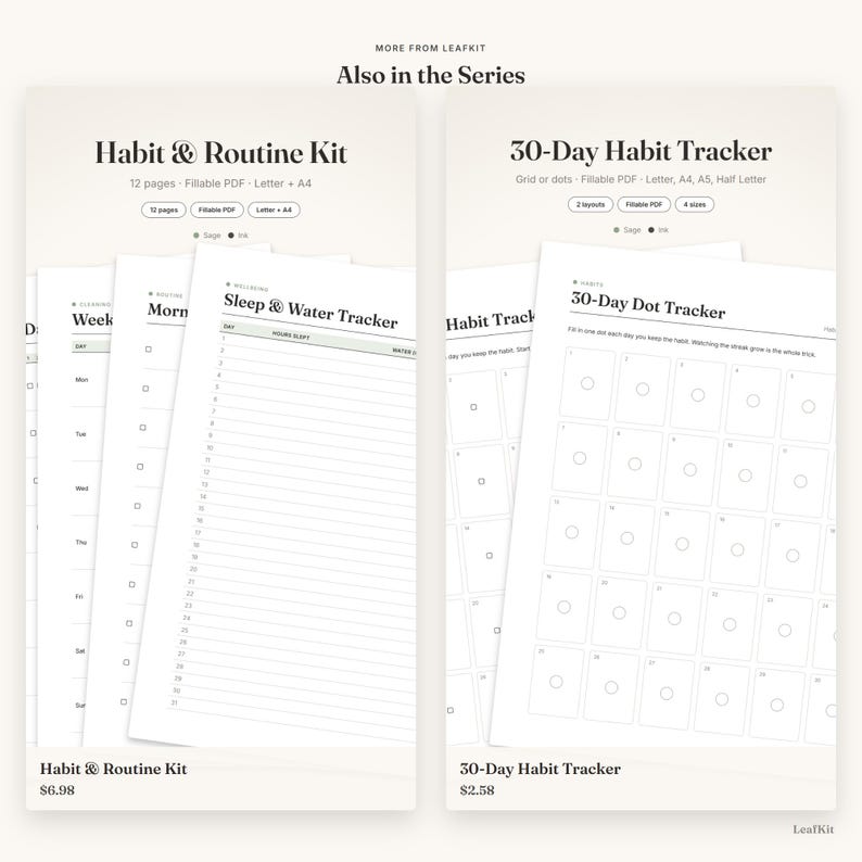 Op de afbeelding: Een digitale productweergave getiteld Also in the Series met een Habit & Routine Kit van 12 pagina's en een 30-Day Habit Tracker. De Habit & Routine Kit bevat een Sleep & Water Tracker, terwijl de 30-Day Habit Tracker een 30-Day Dot Tracker raster toont.