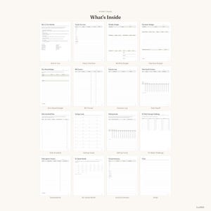Op de afbeelding: Een verzameling van zestien witte financi&euml;le planningspagina's getiteld What's Inside, met sjablonen voor een jaaroverzicht, maandbudget, salarisbudget, nul-gebaseerd budget, factuurtracker, onkostenlogboek, schuldaflossing, spaardoelen, reserveringsfondsen, 52-weken uitdaging, abonnemententracker, no-spend maand, jaaroverzicht en notities.