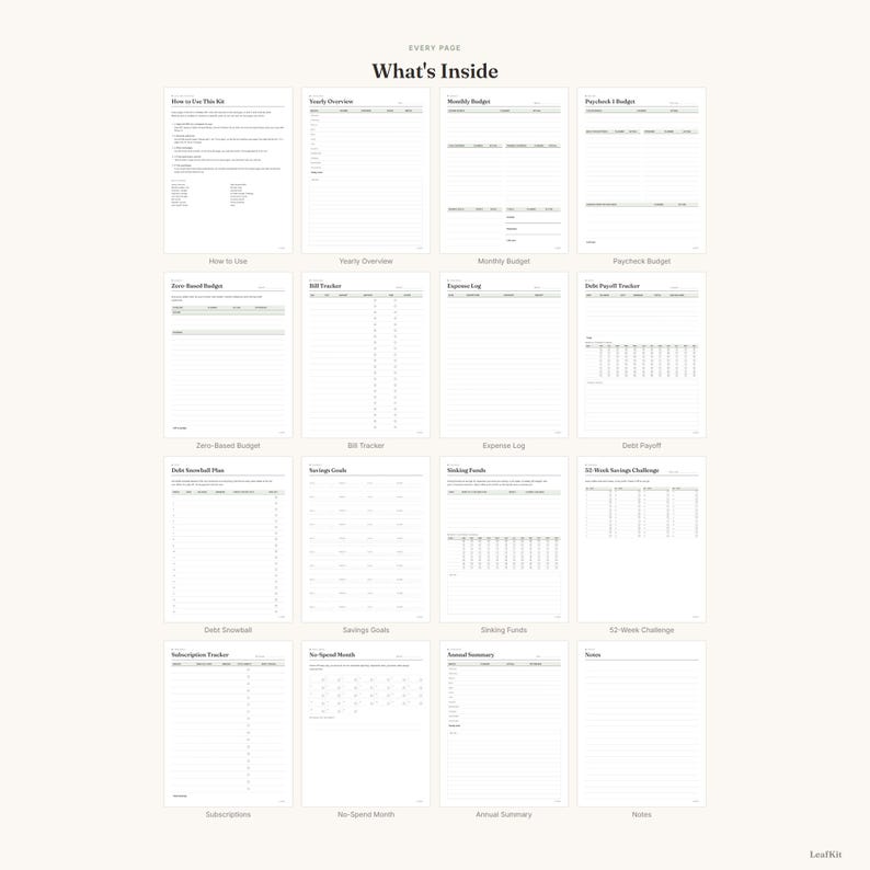 Op de afbeelding: Een verzameling van zestien witte financi&euml;le planningspagina's getiteld What's Inside, met sjablonen voor een jaaroverzicht, maandbudget, salarisbudget, nul-gebaseerd budget, factuurtracker, onkostenlogboek, schuldaflossing, spaardoelen, reserveringsfondsen, 52-weken uitdaging, abonnemententracker, no-spend maand, jaaroverzicht en notities.