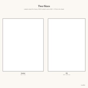 May include: Two rectangular white paper templates labeled Two Sizes, with dimensions for Avery 5163 Letter 8.5 x 11 in and A4 99.1 x 57mm sheets. The layout includes two blank vertical rectangles, with text indicating specific paper sizes and LeafKit branding.