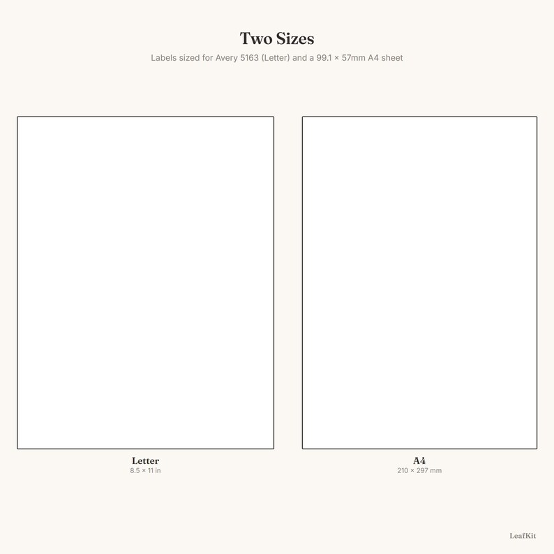 May include: Two rectangular white paper templates labeled Two Sizes, with dimensions for Avery 5163 Letter 8.5 x 11 in and A4 99.1 x 57mm sheets. The layout includes two blank vertical rectangles, with text indicating specific paper sizes and LeafKit branding.