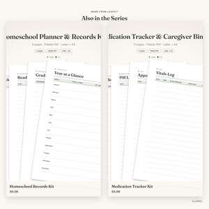 May include: Two digital planner sets titled Homeschool Planner & Records Kit and Medication Tracker & Caregiver Binder. Each set displays multiple stacked pages with headings like Year at a Glance, Vitals Log, and Pill Log, featuring fillable PDF options.