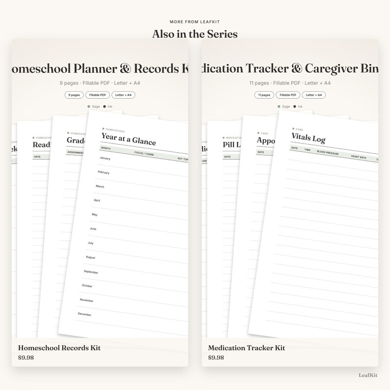 May include: Two digital planner sets titled Homeschool Planner & Records Kit and Medication Tracker & Caregiver Binder. Each set displays multiple stacked pages with headings like Year at a Glance, Vitals Log, and Pill Log, featuring fillable PDF options.