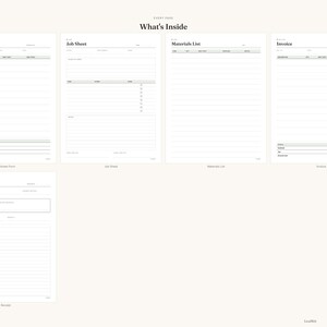 May include: A digital planner template set titled What's Inside, featuring white pages with black text. The layout includes forms for an Estimate, Job Sheet, Materials List, Invoice, and Receipt, each with organized columns, lines, and checkboxes.