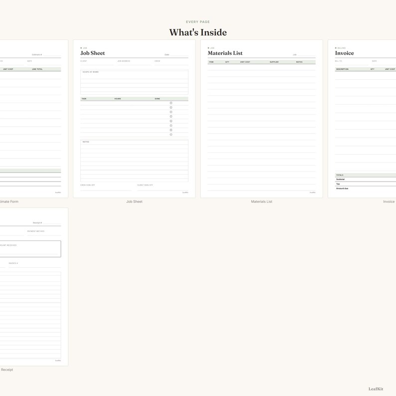 May include: A digital planner template set titled What's Inside, featuring white pages with black text. The layout includes forms for an Estimate, Job Sheet, Materials List, Invoice, and Receipt, each with organized columns, lines, and checkboxes.