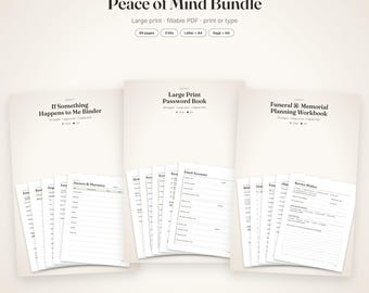 Peace of Mind Bundle | If Something Happens to Me Binder, Large Print Password Book, Funeral Planning Workbook | Fillable PDF