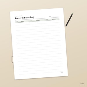 May include: A white paper sheet titled Cottage Food Batch & Sales Log with columns for date, product, batch number, quantity made, quantity sold, and revenue. The document features horizontal lines for entries and a small black pencil positioned nearby.