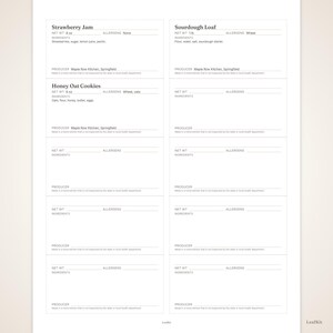 May include: A white printable sheet featuring eight rectangular food label templates with black text. The labels include fields for product name, net weight, allergens, ingredients, and producer information, with some pre-filled for items like jam.