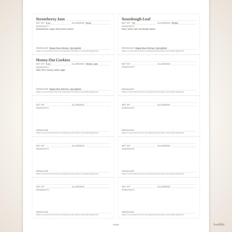 May include: A white printable sheet featuring eight rectangular food label templates with black text. The labels include fields for product name, net weight, allergens, ingredients, and producer information, with some pre-filled for items like jam.