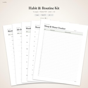 May include: A digital habit and routine kit featuring 12 pages of fillable PDF templates in Letter and A4 sizes. The sheets include trackers for sleep, water, morning routines, weekly cleaning, and monthly habits with clean black text on white paper.
