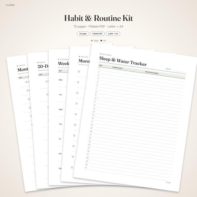 May include: A digital habit and routine kit featuring 12 pages of fillable PDF templates in Letter and A4 sizes. The sheets include trackers for sleep, water, morning routines, weekly cleaning, and monthly habits with clean black text on white paper.