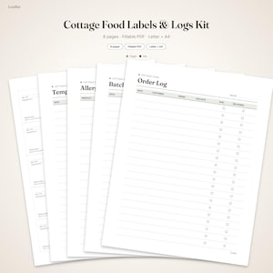 May include: A digital Cottage Food Labels & Logs Kit featuring eight pages of fillable PDF templates in Letter and A4 sizes. The documents include an Order Log, Batch, Allergy, and Temperature logs with black text on white paper sheets.