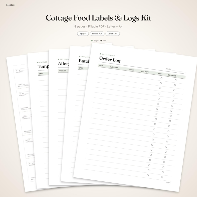 May include: A digital Cottage Food Labels & Logs Kit featuring eight pages of fillable PDF templates in Letter and A4 sizes. The documents include an Order Log, Batch, Allergy, and Temperature logs with black text on white paper sheets.