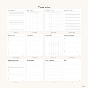 May include: A collection of twelve white planner pages with black text and grid layouts. The pages include headers such as 30-Day Habit Grid, 30-Day Dot Tracker, Weekly Habit Tracker, Monthly Habit Tracker, Morning Routine, Evening Routine, Kids Chore Chart, Weekly Cleaning Schedule, Monthly Cleaning Checklist, Self-Care Checklist, Sleep & Water Tracker, and Notes.