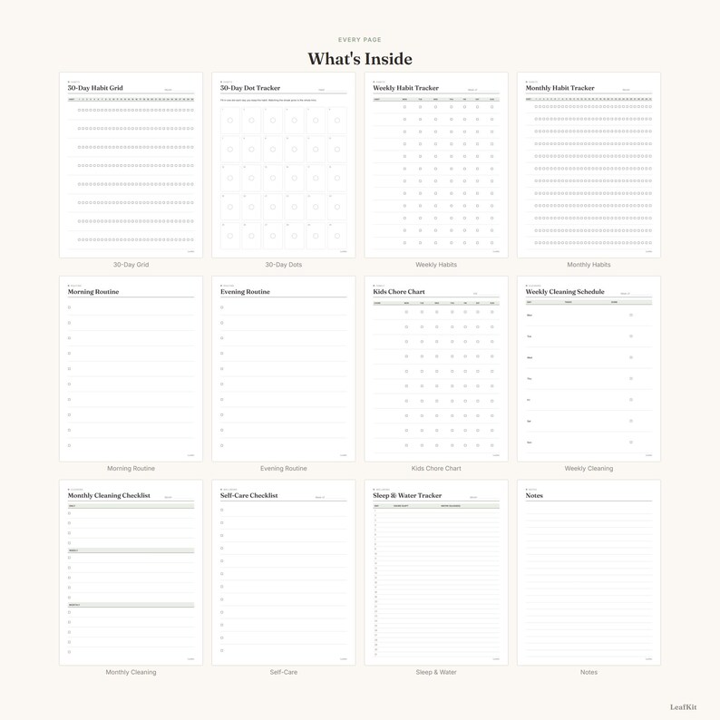 May include: A collection of twelve white planner pages with black text and grid layouts. The pages include headers such as 30-Day Habit Grid, 30-Day Dot Tracker, Weekly Habit Tracker, Monthly Habit Tracker, Morning Routine, Evening Routine, Kids Chore Chart, Weekly Cleaning Schedule, Monthly Cleaning Checklist, Self-Care Checklist, Sleep & Water Tracker, and Notes.